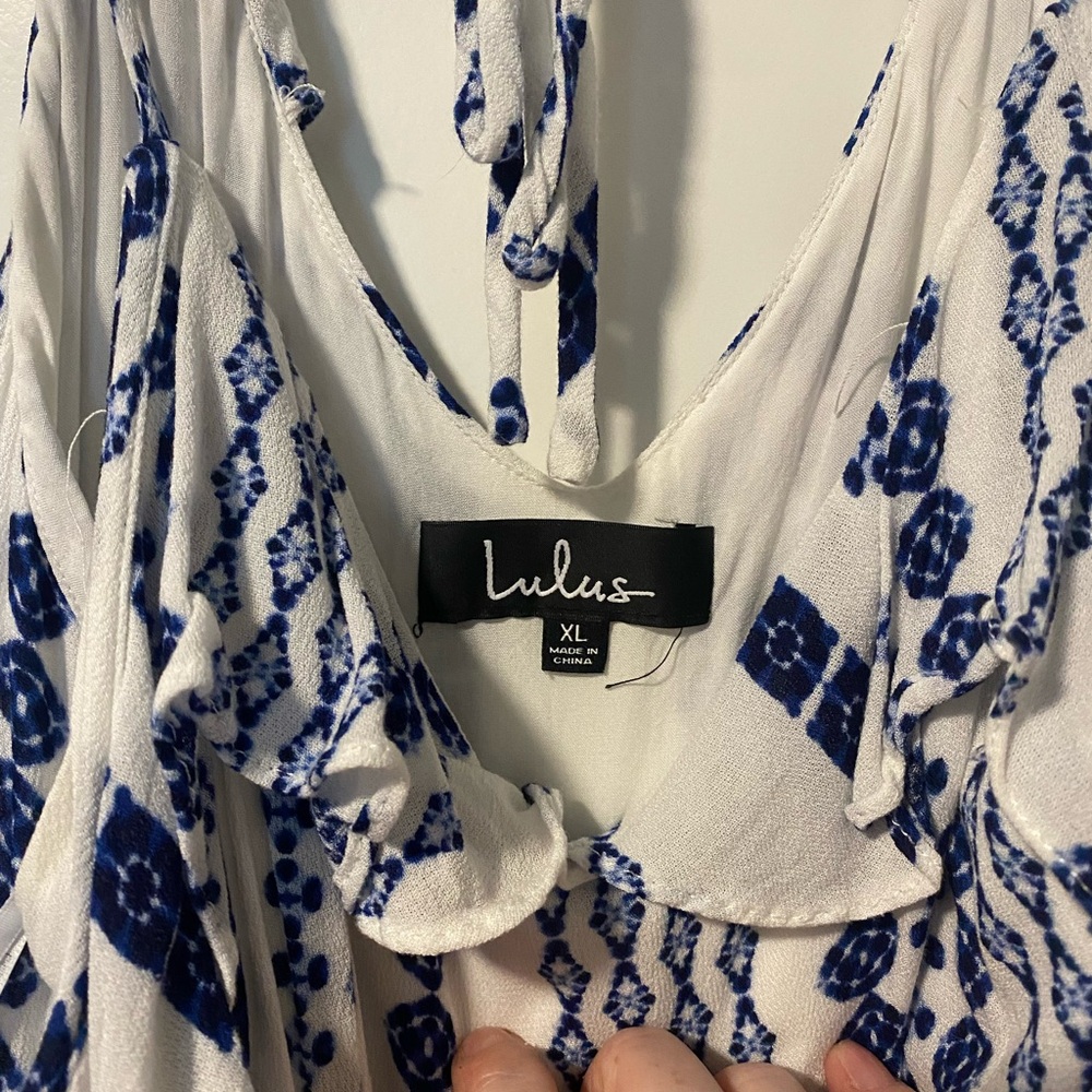 Lulus white & blue tie back spaghetti strap off shoulder dress XL